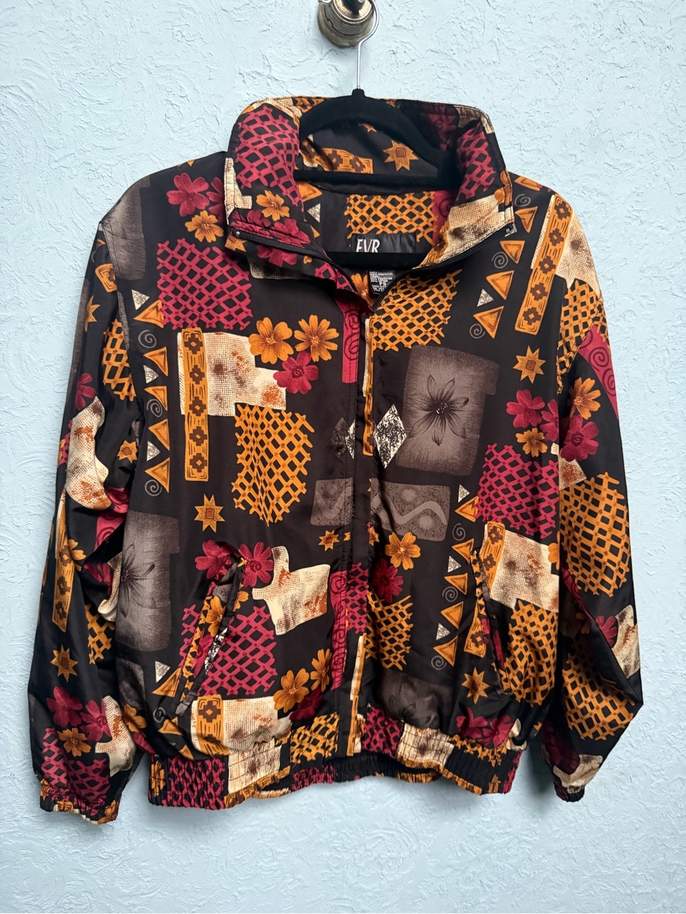 EVR Women's Floral Patchwork Bomber Jacket in Black, Gold & Burgundy